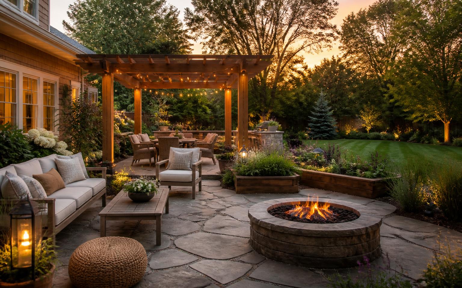 Suburban backyard featuring a flagstone patio, cedar pergola with lighting, stone fire pit, and raised garden beds