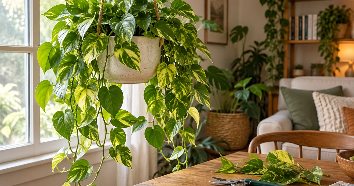 Botanical photo illustrating pothos care: light, watering, and pruning