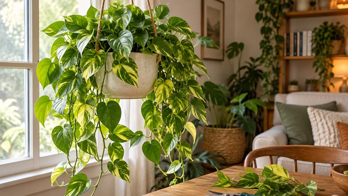 Photo illustrating pothos care: light, watering, and pruning