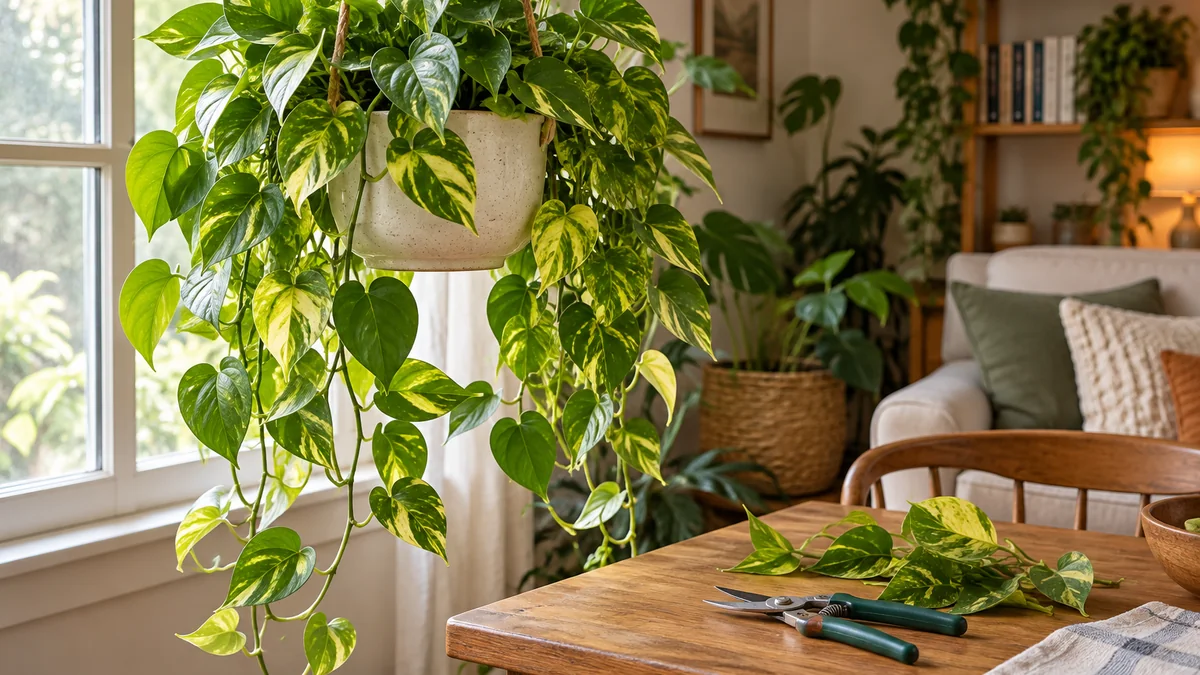 Photo detail related to pothos care: light, watering, and pruning