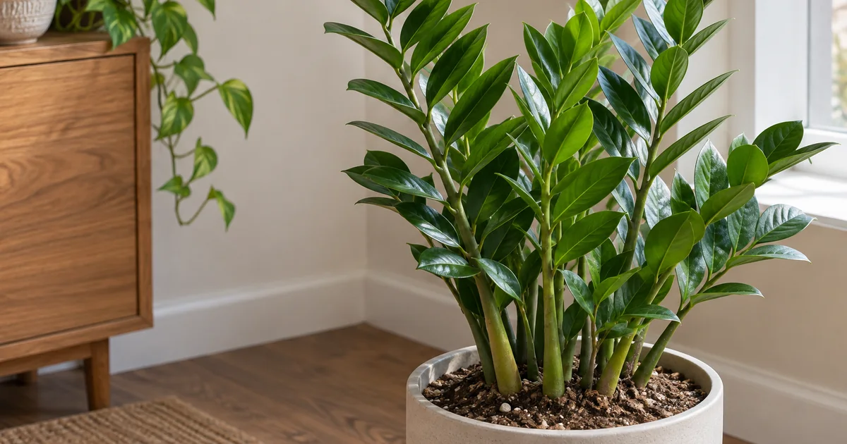Botanical photo illustrating how to care for a zz plant and avoid overwatering