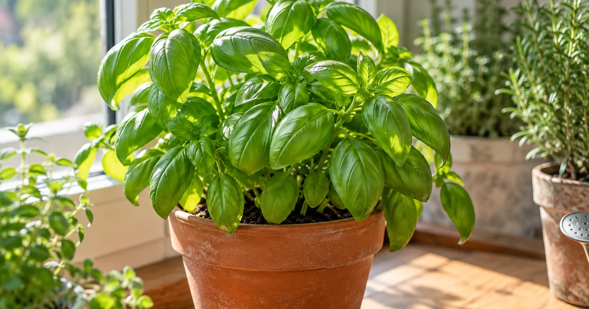 Botanical photo illustrating how to grow basil indoors in a pot