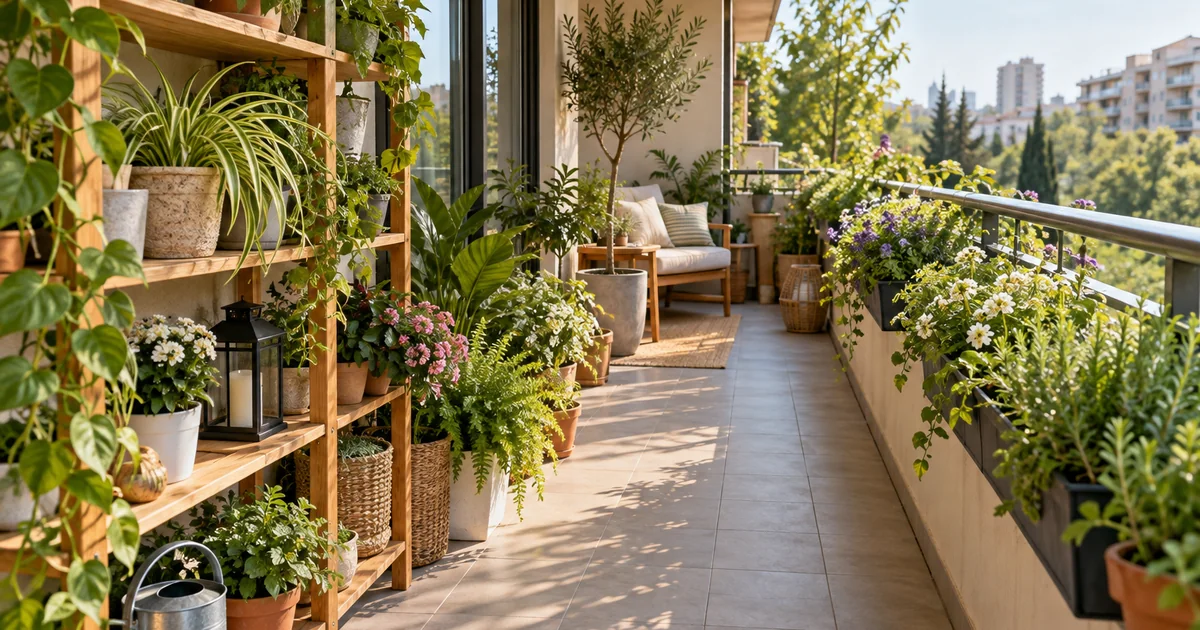 Botanical photo illustrating how to arrange balcony plants without blocking the walkway