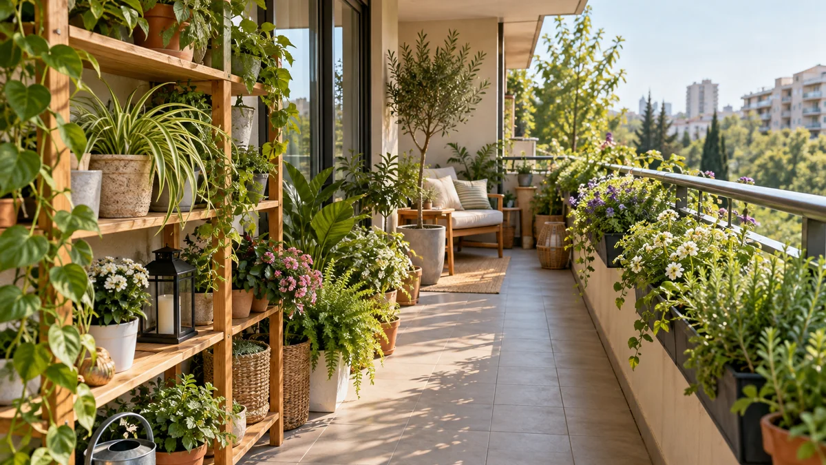 Photo illustrating how to arrange balcony plants without blocking the walkway