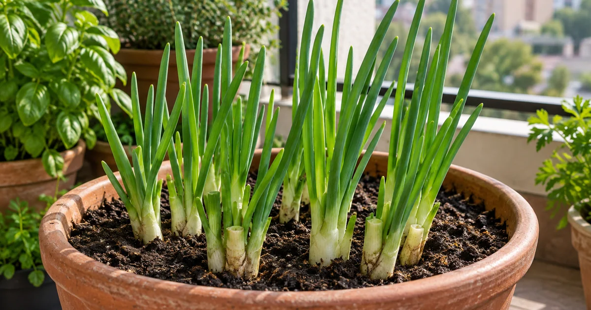 Botanical photo illustrating how to grow green onions in a pot and keep harvesting