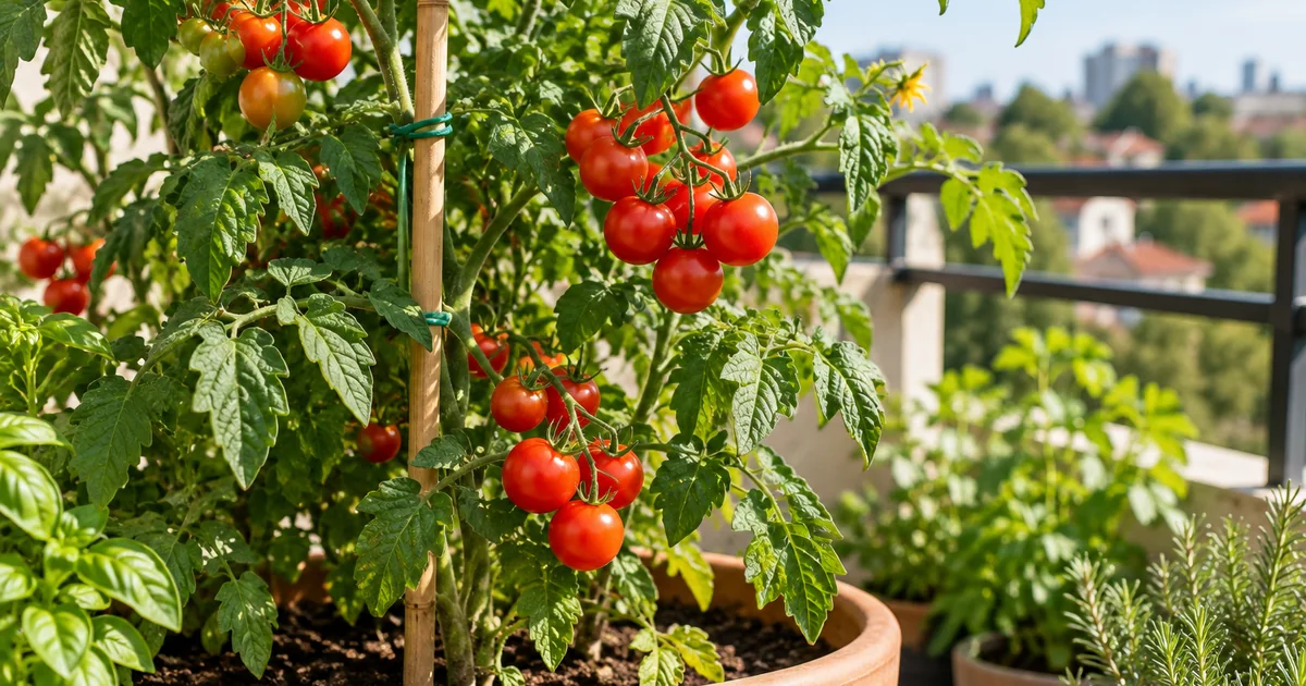 Botanical photo illustrating how to grow cherry tomatoes in a pot: space, support, and care