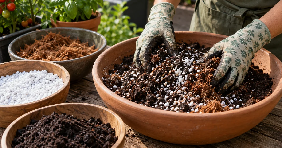 Botanical photo illustrating how to make potting mix for container vegetables