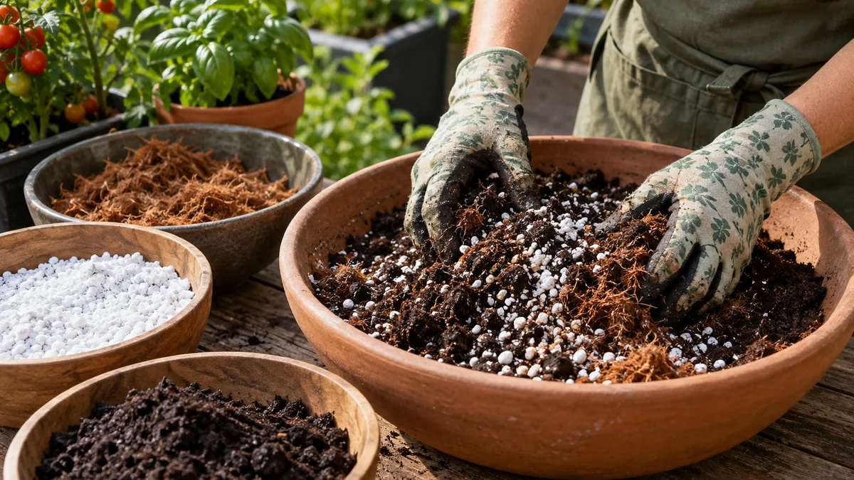 Photo illustrating how to make potting mix for container vegetables