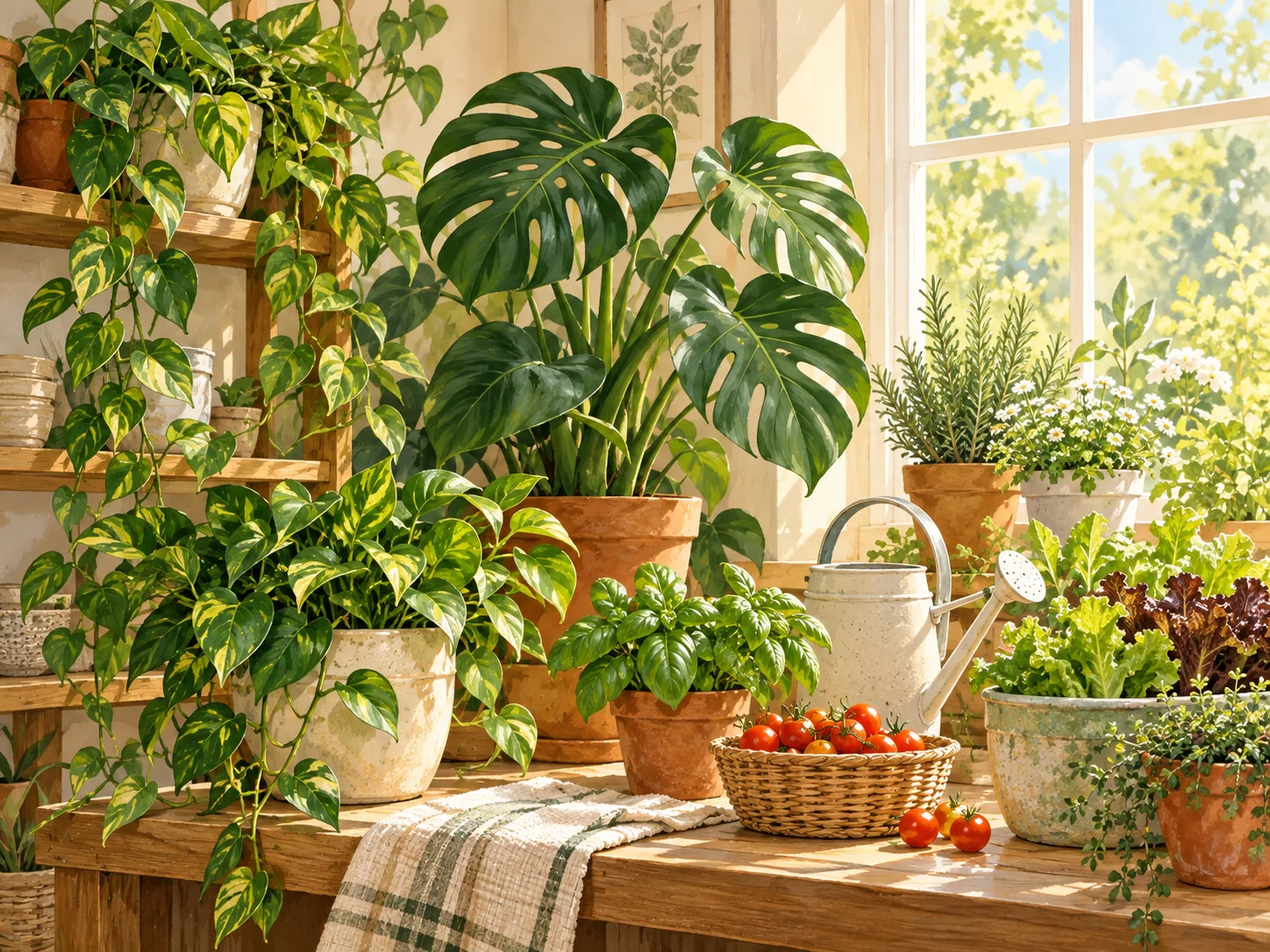 A sunlit home gardening corner with houseplants, herbs, leafy greens, and cherry tomatoes